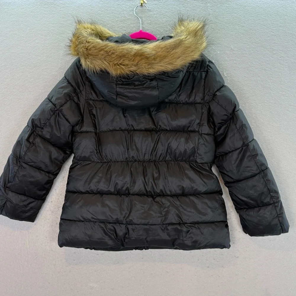 ZARA -‎ Girls black quilted hooded faux fur coat zip up black winter jacket SZ 8